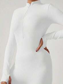 1pc Women's Solid Color Long Sleeve Fitted Jumpsuit, Long Sleeve Jumpsuit, Warm Outdoor Hiking Outfit, Christmas Winter Clothing, Multifunctional Jumpsuit, Holiday Skiing Sports Women's Zip-Up Jumpsuit, Sports Jumpsuit White - White - View 4