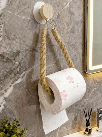 1 cái giá đựng giấy vệ sinh bằng dây thừng, giá treo khăn tắm bằng gỗ và đan gắn tường, hộp đựng giấy vệ sinh.