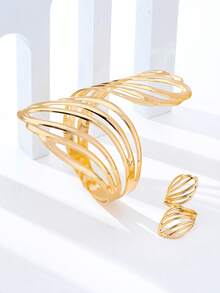 1 Set Geometric Hollow Women's Ring And Bracelet Set - Golden Leaf Bracelet Set - View 3