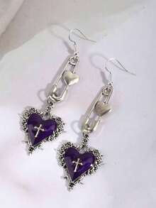 哥特风十字架、心形、玫瑰、蝴蝶结、荆棘、心形吊坠，黑色Y2K耳环，心形夹式耳环，情人节礼物 - 紫色 - 查看 4