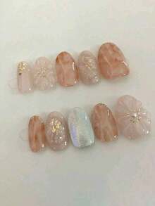 10pcs Short Oval Handmade Press-On Nails, Sweet Pink Cat Eye Nail Art, Hand-Painted Plaid With 3D Flower Decor, Simple & Cute, Suitable For All Seasons, Daily Wear & Party, Women & Girls - Multicolor - View 3