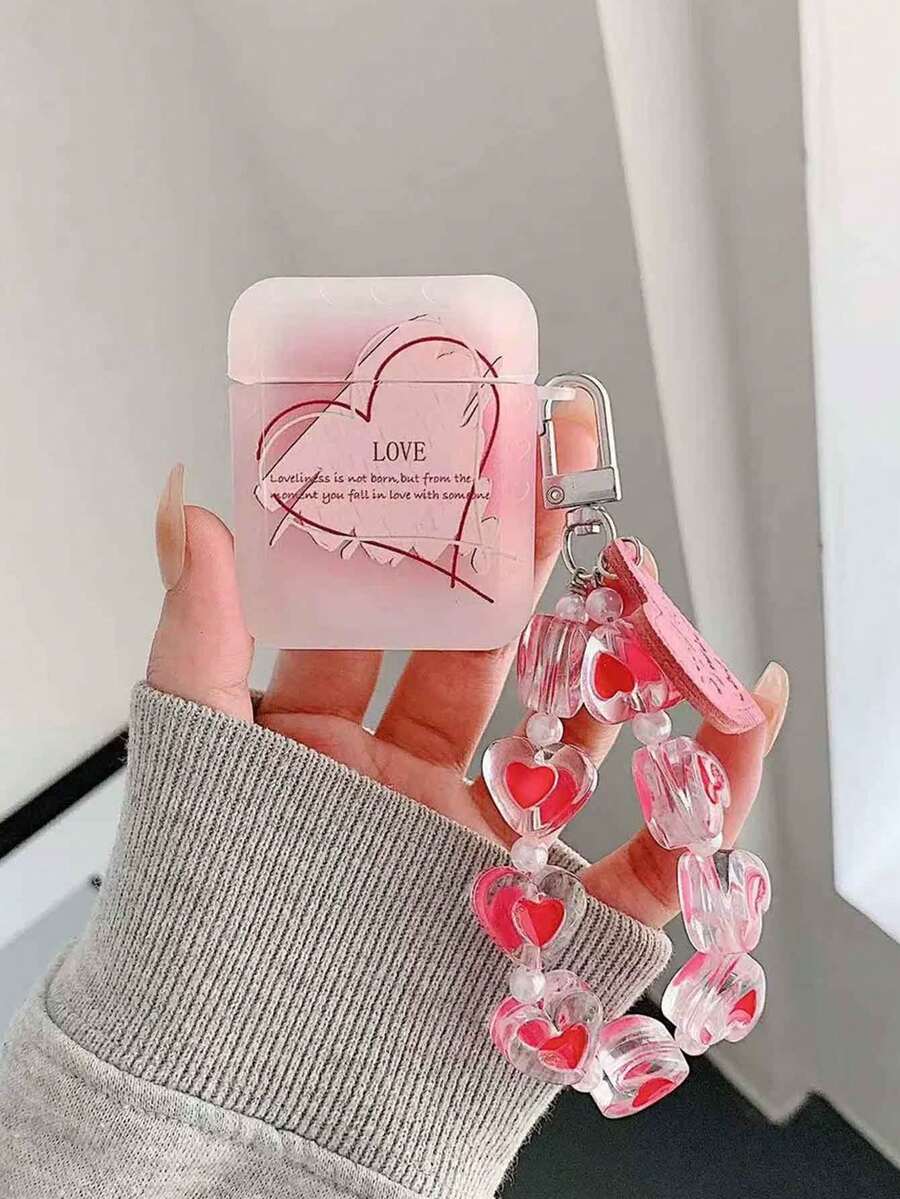 1pc Cute Pink Heart + Heart Chain Pendant, Compatible With Apple 1/2 Pro, 3 Protective Case, 4/Pro 2 Square Soft Case - Multicolor - View 1
