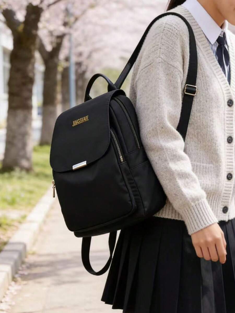 Solid Color Nylon Women Minimalist Versatile Fashion Classic Backpack, Suitable For School, Travel, - Black - View 1
