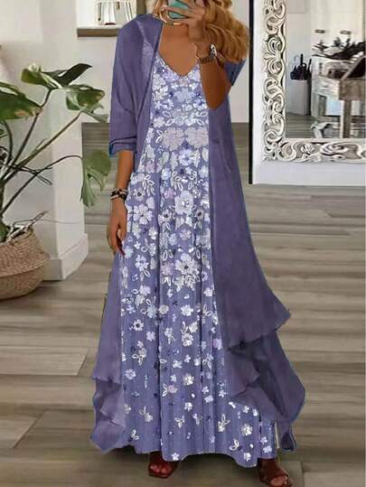 Bộ đồ 2 món cỡ lớn thanh lịch in hoa cổ chữ V gồm váy dài và áo khoác cardigan bằng chiffon, thích hợp cho mùa xuân và mùa thu.