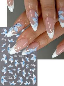 2pcs/Set Spring Blue Floral Pattern Nail Stickers, Charming Self-Adhesive Nail Art Decorations For Summer - Multicolor - View 3