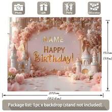 Customizable Pink Castle Princess Happy Birthday Backdrop With Pink Dreamy Castle, Pink Flowers, Gold Crown, And Sparkling Stars Design-Perfect For Princess-Themed Birthday Parties, Cake Table Backdrops, Decorations, And Photo Backdrops (Vinyl) - Multicolor - View 6
