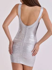 Women Bandage Bodycon Cocktail Dress For Wedding Guest Strap Foil Formal Gowns Evening Dress - 銀色 - 查看 4