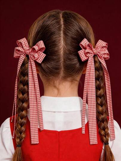 2pcs Back To School Dual-Tone Plaid Bow Ribbon Hair Clips, Suitable For Daily Use