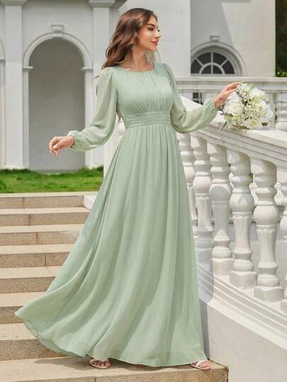 Elegant Chiffon Round Neck Lantern Sleeve Long Sleeve Women's Dress, Sage Green Bridesmaid Dress, Special Occasion Evening Dress, Spring/Summer Wedding Guest Dress, Party Dresses, Wedding Dresses For Bridal