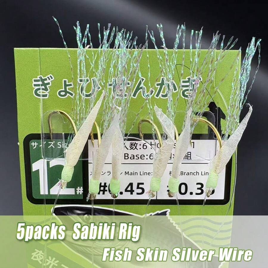 5bag/30hooks Real Fish Skin & Flashabou Sabiki Rig, Freshwater & Saltwater Professional Fishing Rig, Natural Fish Skin Wrapped With Colorful Reflective Threads, Suitable For Mackerel, Cod, Sardine, Large-Eye Croaker Bait, Bionic Rigged Hooks, Fishing And Accessories - White - View 1
