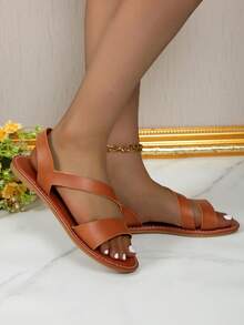 1 đôi dép xăng đan đế bằng tối giản dành cho nữ, kiểu dáng thường ngày, hở mũi, có quai kép, rất cần thiết cho việc mang hàng ngày. - màu nâu - Xem 5