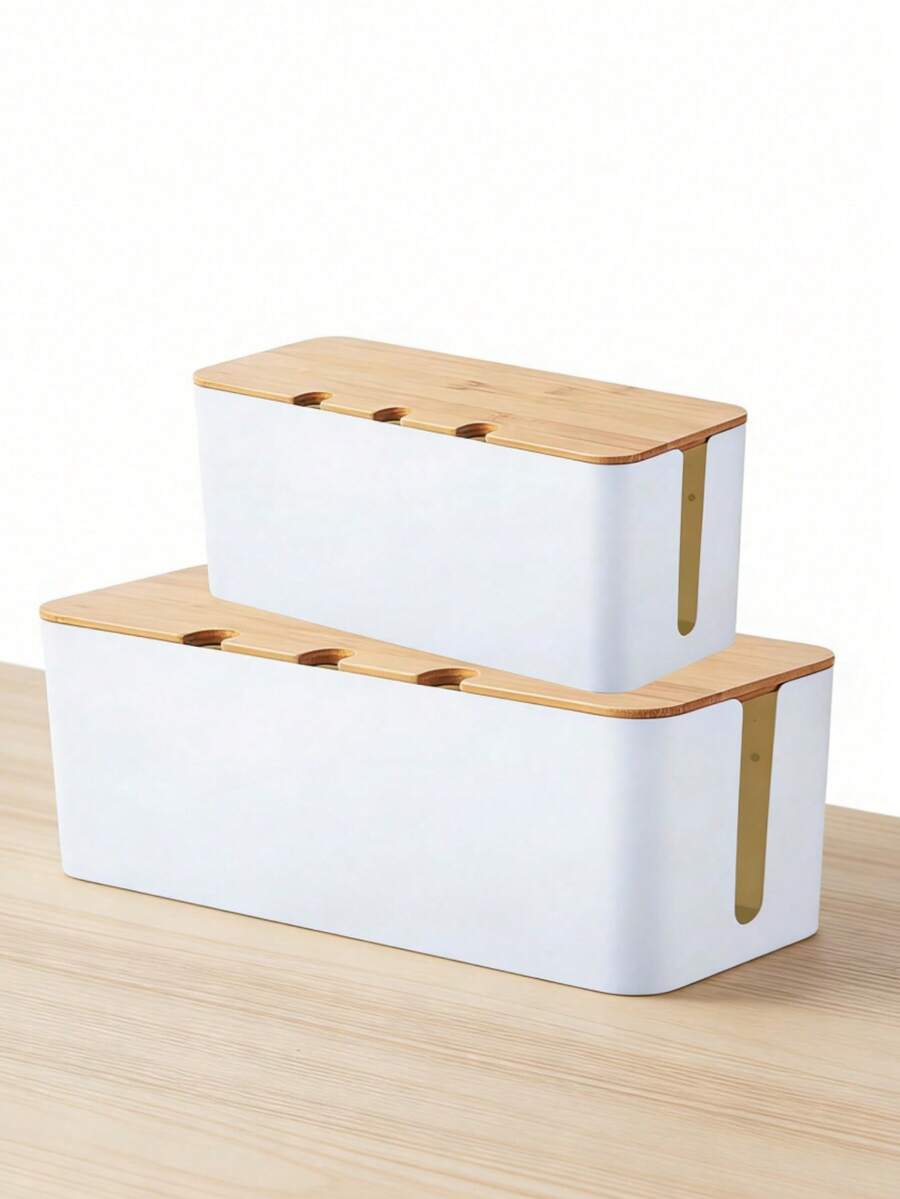 1pc Plastic Cable Management Box, Wire Organizer Box For Hiding Cables, Power Strip Storage Box, Suitable For Bedroom, Living Room, Office, Study Room Large Cable Organizer Box – Wood Grain Style Cable Storage Box, Suitable For TV Cables, Computer Cables, USB Hubs And Under-Desk Power Outlets – ABS Material, Large Cable Storage Box – Wood Grain Style Cable Storage Protective Cover - Multicolor - View 1