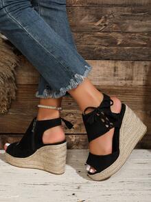 Velvet Fashion Button Closure Jute Rope Stylish Lightweight Wedge Heel Women Shoes - Black - View 6