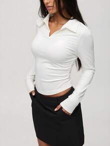 Blazique Women's Sportswear Casual Tight-Fitting Polo Collar V-Neck Long Sleeve Top Spring - White - View 7