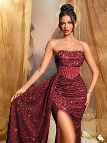CHOSMO New Style Prom Dresses For Women Sequin Dresses For Women Elegant Dresses For Women Formal Party Maxi Dress Solid Color Shiny Elegant Heavy Wedding - Burgundy - View 4