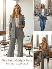 女士新款轻薄格纹套装，定制外套搭配阔腿裤，优雅时尚两件套办公服饰 - 黑色 - 查看 4