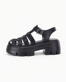 Coutgo Womens Platform Chunky Heels Sandals Gladiator Ankle Strap Heels Lug Sole Summer Fisherman Y2K Shoes - 黑色 - 查看 2