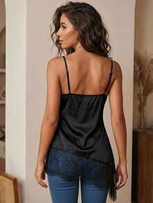 Women's Satin Camisole Tops Stylish Solid Color Lace Trimmed Asymmetric Cut Sleeveless Spaghetti Strap Vest - Black - View 6