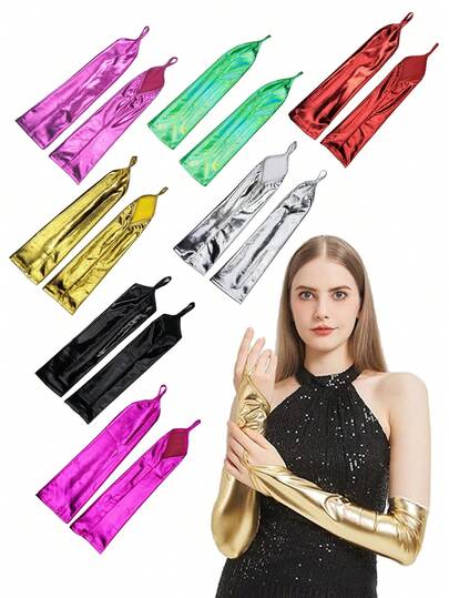 1Pair Forever & Moment Long Metallic Shiny Fingerless Gloves Costume Women Opera Tea Party Cosplay 1920s Great Gatsby Party Formal Evening Dress Up Elegant Costume Accessories