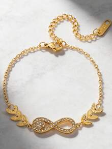 18K镀金水晶无限符号和月桂叶手链，波西米亚风金色夏季海滩度假不锈钢精致可调节链条手链，女士款 - 金色 - 查看 4