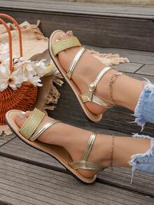 Giày sandal đế bằng màu vàng lấp lánh dành cho nữ – Giày hở mũi, quai ngang mắt cá chân, thích hợp cho mùa hè. - Vàng - Xem 7