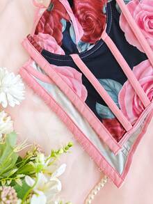 Adjustable Strap Rose Print Waist Cincher Top For Women - Pink - View 12