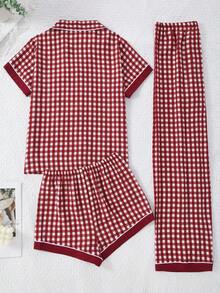 3件套女士褶皱格子樱桃刺绣开衫睡衣套装 - 紅色 - 查看 2