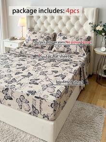 4pcs Set, 100% Polyester, Vintage Butterfly Print, 35cm Deep Pocket Fitted Sheet, Bedding Set (2 Pillowcases + 1 Flat Sheet + 1 Fitted Sheet), All-Season Modern Bedding Set, Minimalist Style, Soft & Comfortable, Breathable - Multicolor - View 2