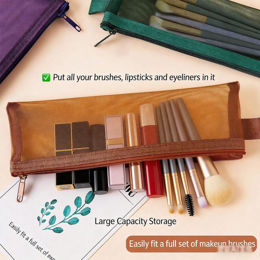 Durable Nylon Mesh Makeup Brush Holder Bag, Multi-Color Options, Transparent Window, Large Capacity For Lipsticks, Multi-Functional Cosmetic Bag, Suitable For School, Office And Travel Essentials, Pencil Case For Eyebrow Pencils, Makeup Brushes, Travel Necessities, Fashionable Storage Box, Lightweight Pouch, Makeup Bag For Makeup Enthusiasts And Professional Makeup Artists