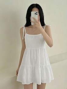 Vestido de tirantes holgado de línea A con volantes en el bajo, estilo retro francés de verano, conjunto de moda para mujer - Blanco - Ver 3