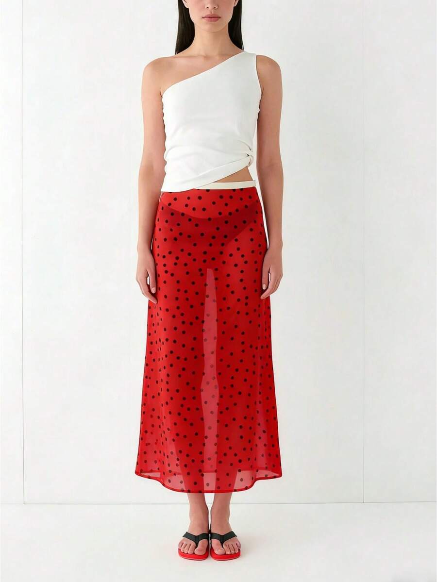 Women Polka Dot Sheer Midi Skirt Y2k See Through Low Rise Long Skirt Flowy Mesh Cover Up Maxi Skirts Summer Beachwear Going Out - 紅色 - 查看 1
