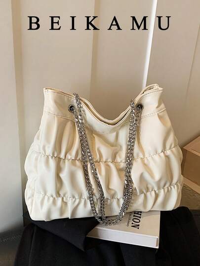 New Women's White Pleated Tote Bag, Metal Chain Shoulder Bag, Commuting Luxury High-End Capacity Handbag