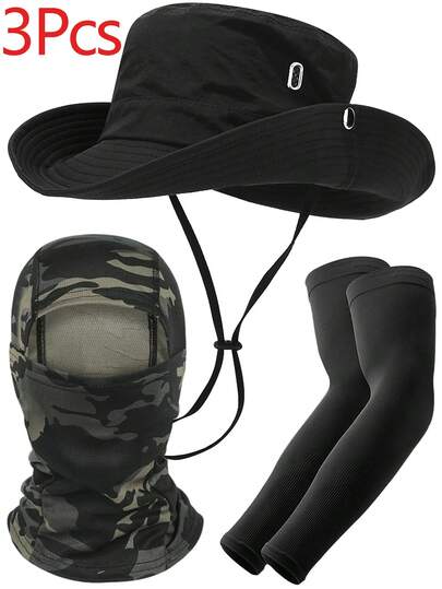 3 Parça/Set Güneşten Koruma Seti Güneş Şapkaları Erkekler ve Kadınlar İçin Balıkçılık Şapkası Güneşten Korunma Nefes Alabilir Geniş Kenarlı Yazlık Güneşten Koruma Şapkası ve Balaklava Kayak Maskesi Tam Yüz Örtüsü Erkekler ve Kadınlar İçin Nefes Alabilir Tam Yüz Maskesi Kayak ve Açık Hava Sporları İçin Kol Kollukları Erkekler ve Kadınlar İçin