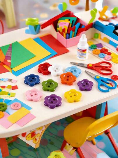 Nút nhựa hình hoa mai hai mắt nhiều màu - 50 chiếc, trang trí thủ công, thích hợp cho đồ dùng mỹ thuật, may vá và đan móc.