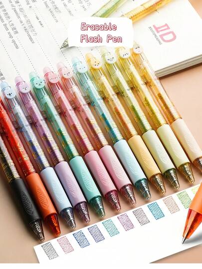 Bộ 6/12 bút gel nhiều màu có thể xóa được, đầu bút nhọn 0.5mm, thiết kế nút bên hông, cầm nắm mềm mại, hiệu ứng viết bóng, bút gel nhiều màu chủ đề động vật, thích hợp để viết, vẽ, quà tặng tựu trường, văn phòng phẩm học tập.
