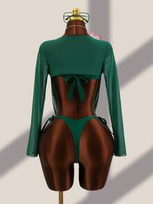 Bộ đồ bơi 3 mảnh màu xanh đậm quyến rũ dành cho nữ - Áo bikini cổ yếm với khoen kim loại, áo khoác ngoài tay dài xuyên thấu và quần bikini tam giác, lý tưởng cho kỳ nghỉ biển đầy phong cách. - màu xanh lá - Xem 8
