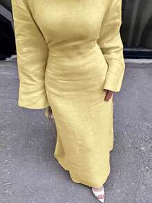 SuofeiMan Women's Casual Elegant Light Yellow Muslim Robe, Fitted Long Skirt Suitable For Spring And Summer - Yellow - View 2