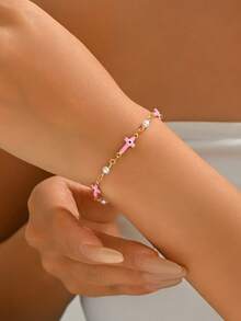 1条时尚简约十字架仿珍珠手链，适合女性日常佩戴和作为礼物 - 彩色 - 查看 2