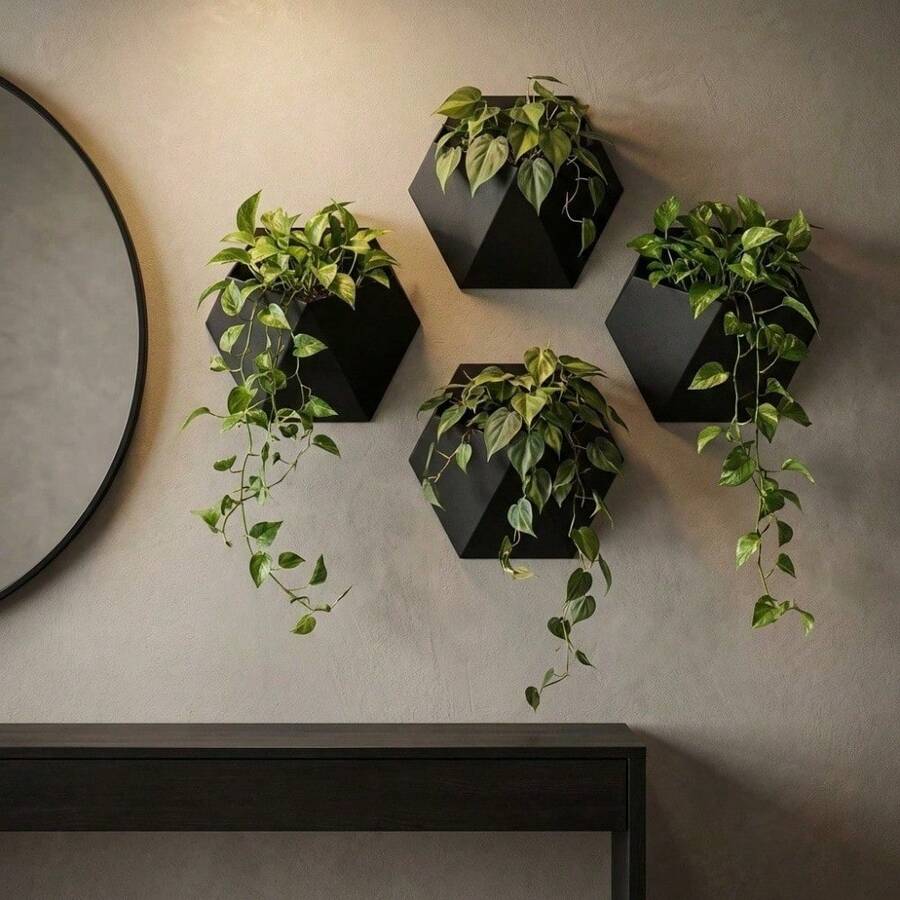 壁挂式花盆，几何造型悬挂式香草盆，多功能壁挂式储物架，适用于办公用品、多肉植物和小物件（黑色/灰色/白色）