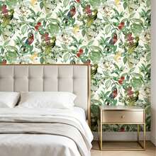 1 Roll Tropical Jungle Parrot Self-Adhesive Wallpaper, Vintage American Style Decor For Living Room, Bedroom, Vanity Area, Includes Green Leaf Decor, Red Floral/Parrot Patterns, Easy Peel And Stick Design - C - View 10