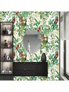 1 Roll Tropical Jungle Parrot Self-Adhesive Wallpaper, Vintage American Style Decor For Living Room, Bedroom, Vanity Area, Includes Green Leaf Decor, Red Floral/Parrot Patterns, Easy Peel And Stick Design - C - View 12