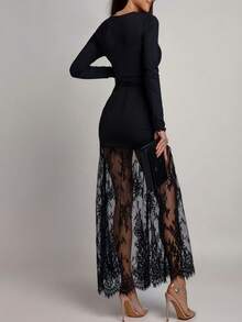 Nueva falda transparente con parches de encaje elegante, adecuada para citas y vacaciones a principios de primavera - Negro - Ver 8