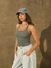 ZULIZ KYRLSSU Women's Army Green Ribbed Racerback Halter Fitted Cami Top, Yoga Workout Cropped Tank - Army Green - View 2