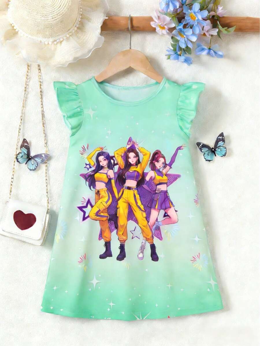 女童可爱紫色卡通少女团体图案印花短袖连衣裙,夏季甜美亮片星星短袖连衣裙,适合音乐节,舒适青春动漫角色扮演连衣裙 - 綠色 - 查看 1