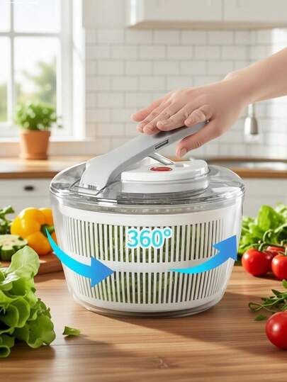 1个手动蔬菜脱水机，包含清洗碗、沥水篮和旋转手柄 - 耐用ABS材质，无需用电 - 非常适合快速制作沙拉和去除蔬菜水分，食物脱水机，沥水篮