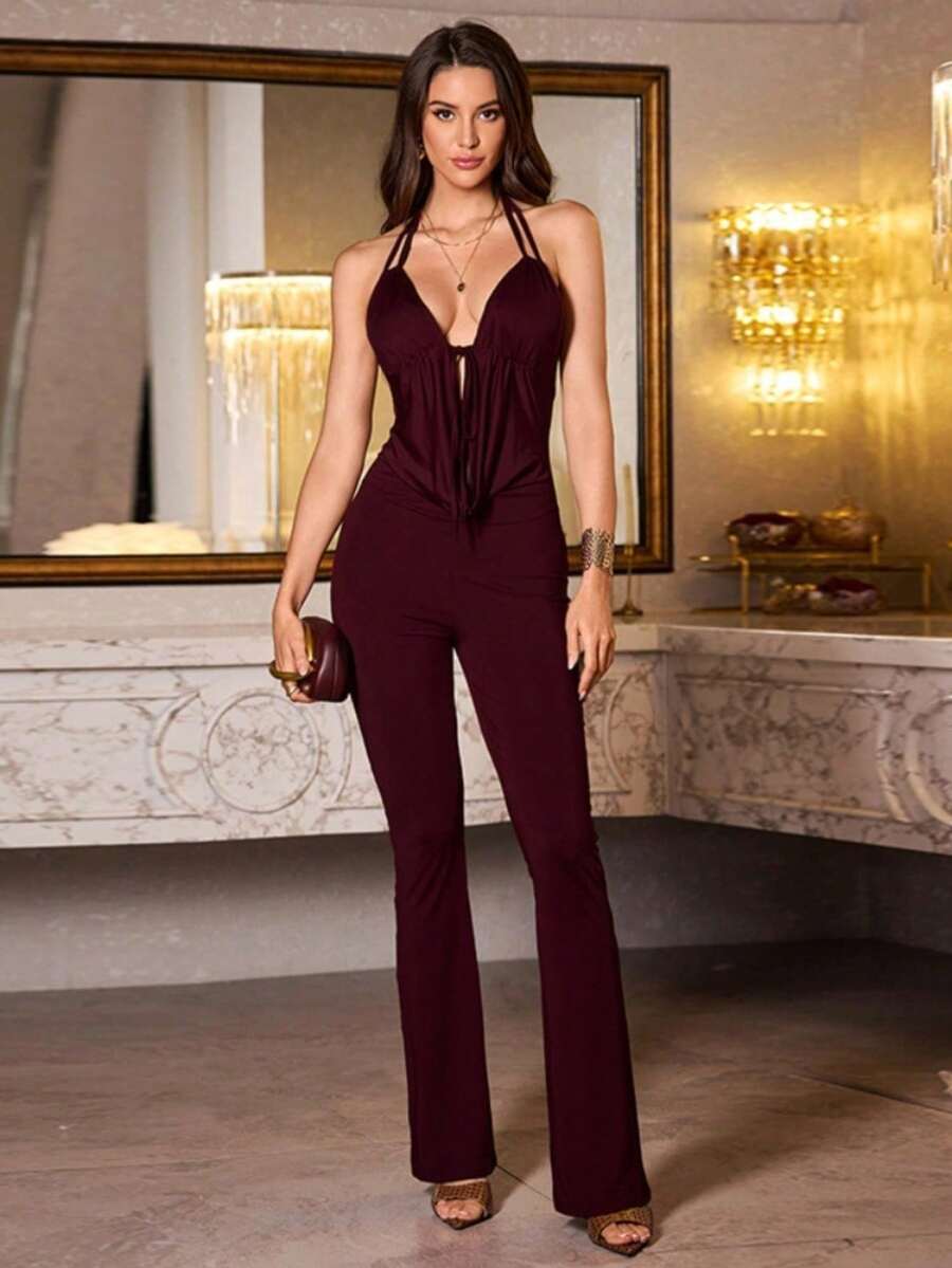 Night Out Jumpsuit Deep V Halter Neck Backless Sexy Clubwear Bodycon Romper for Women - Burdeos - Ver 1