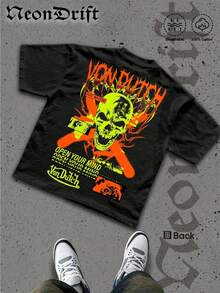 NeonDrift Street Double-Sided Printing Cotton T-Shirt 100% Cotton Fabric Unisex Style-Men T Shirt Skull Graphic Print Neon Yellow Orange Cross Design Streetwear Fashion Casual Wear For Urban Style Fans Hip Hop Look Breathable 100 Cotton Comfortable Fit - màu đen - Xem 3