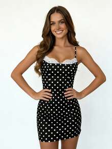 Vestido de fiesta sin mangas con tirantes finos y estampado de lunares para mujer, minivestido ajustado de encaje y patchwork, ideal para vacaciones y cócteles. - Negro - Ver 3