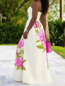 露肩印花收腰无袖连衣裙，适合休闲、度假、派对、正式晚宴等场合。 - 杏色 - 查看 3