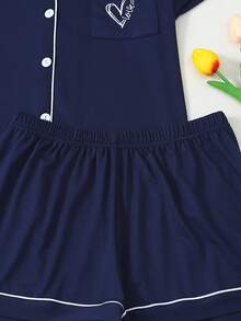 Women's Navy Blue Heart Print Pajama Set, Short Sleeve Button Down Lapel Collar Soft Knit Loungewear For Home Sleepwear - 寶藍色 - 查看 7